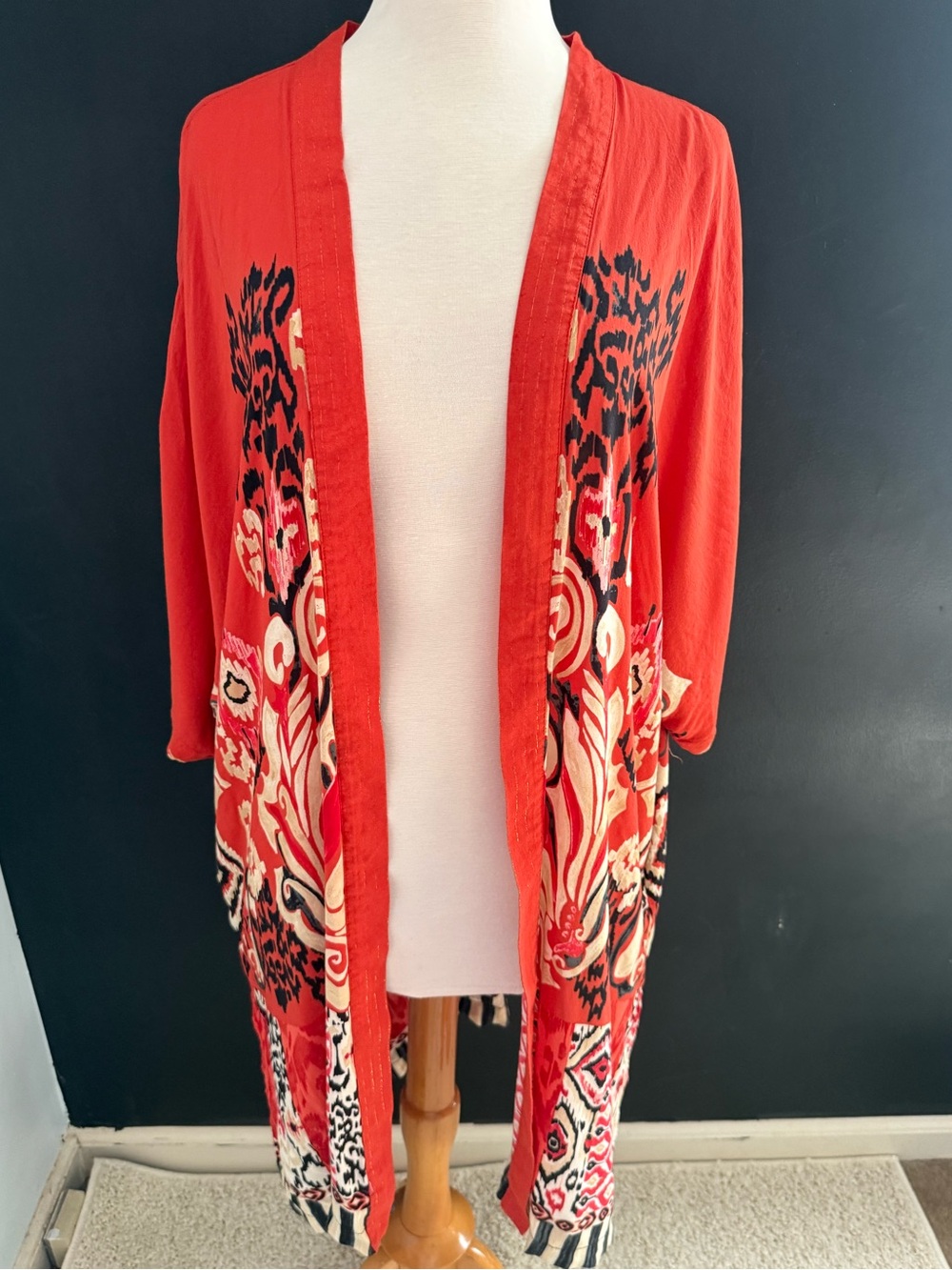 Chico's Vibrant Red & Black Print Kimono Swimsuit cover size large xl
